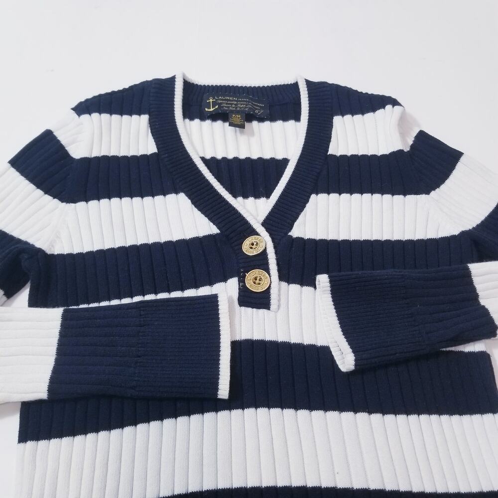 Lauren Jeans Company Nautical Ribbed Knit Sweater Blouse Long Sleeves V-Neckline - Picture 8 of 12